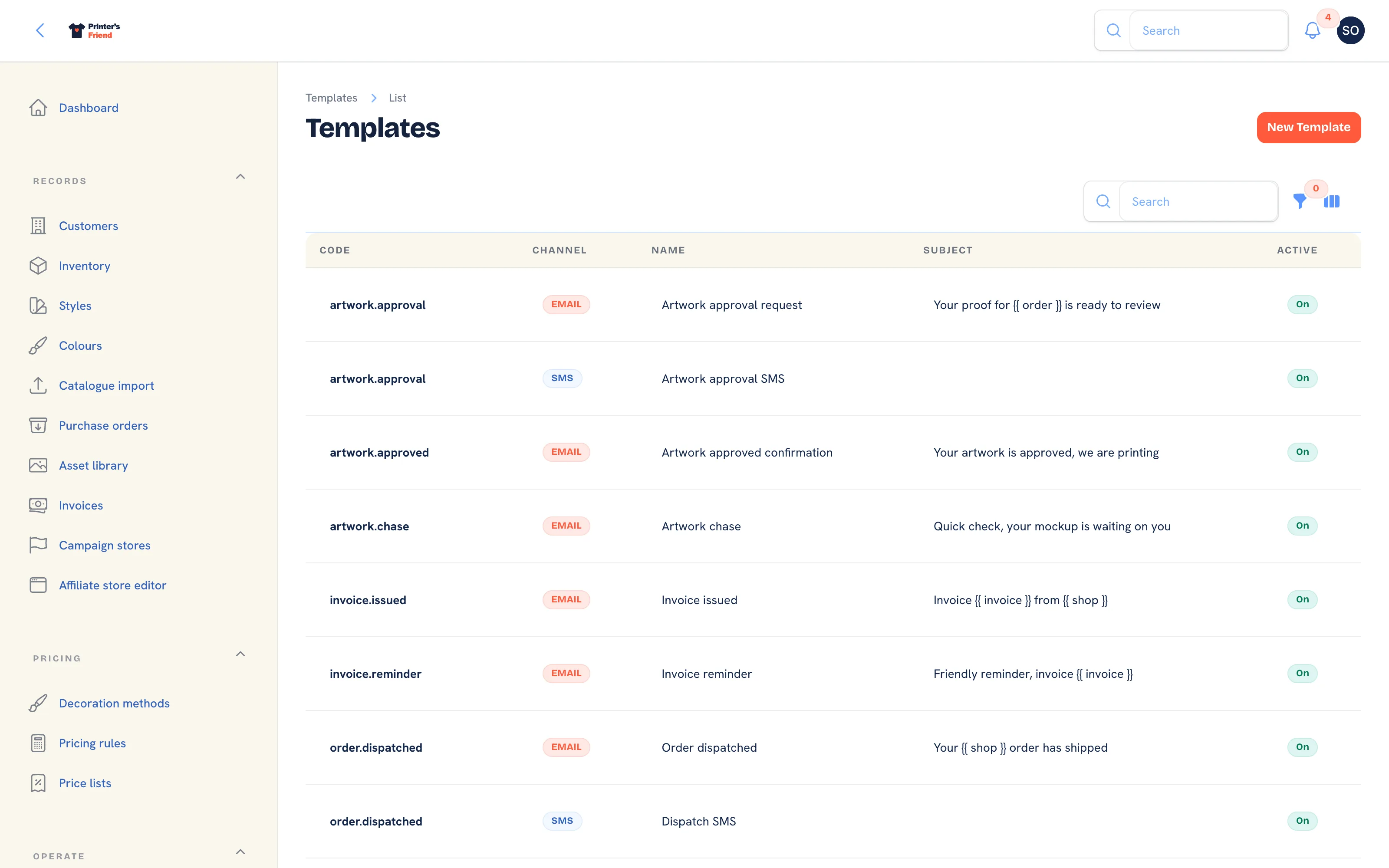 Email and SMS templates with code, channel, name and active status