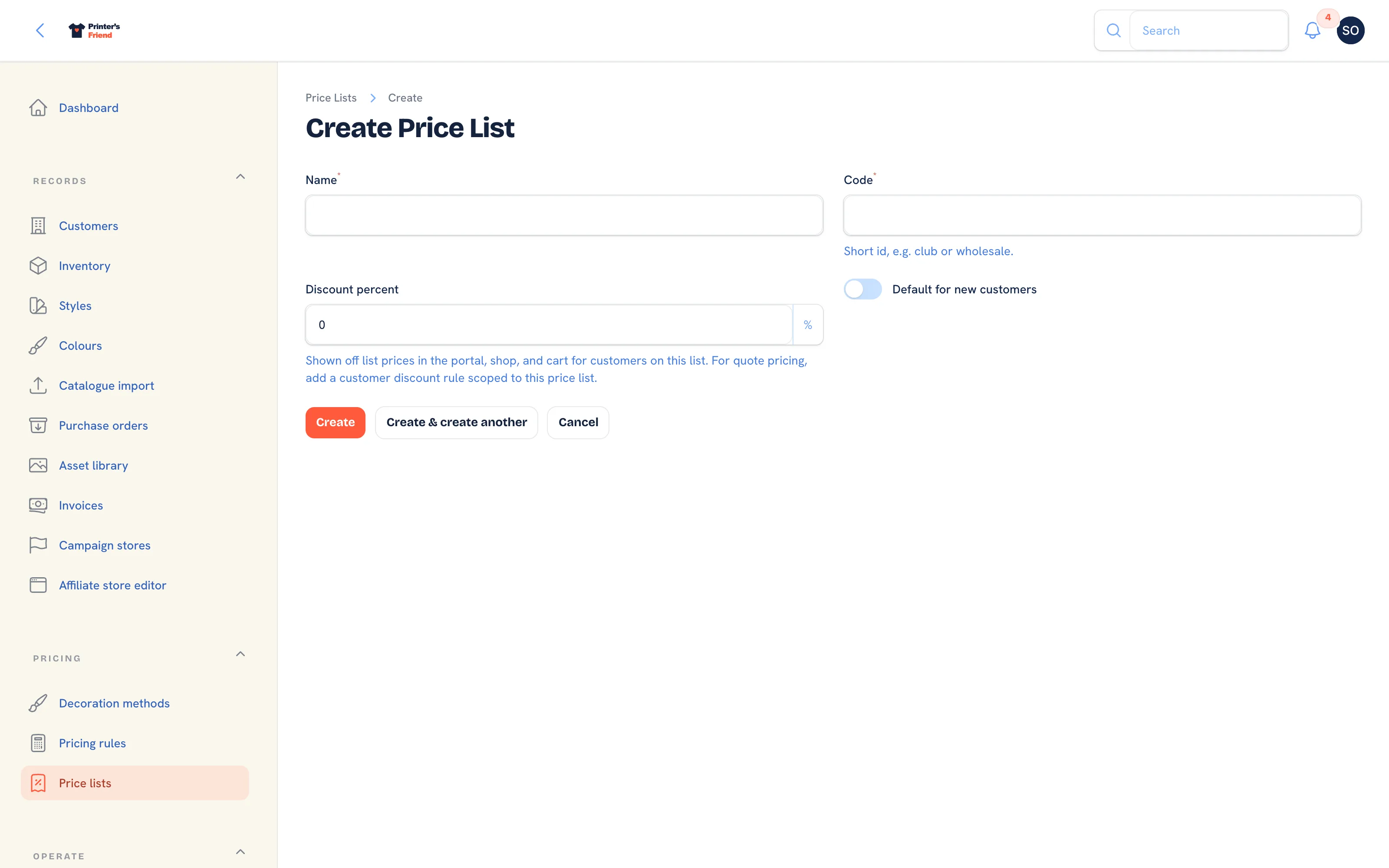 Adding a price list