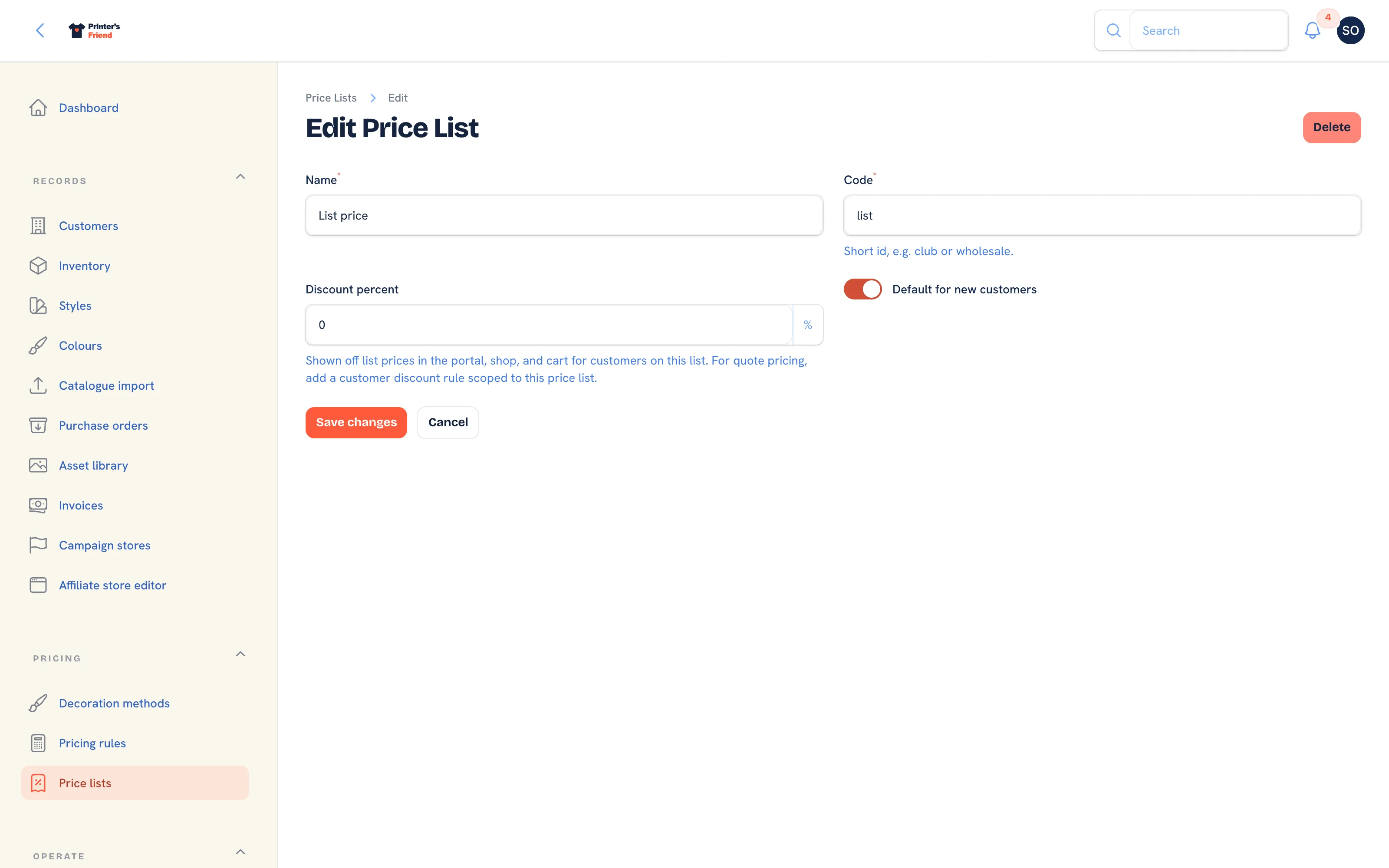 Editing a price list