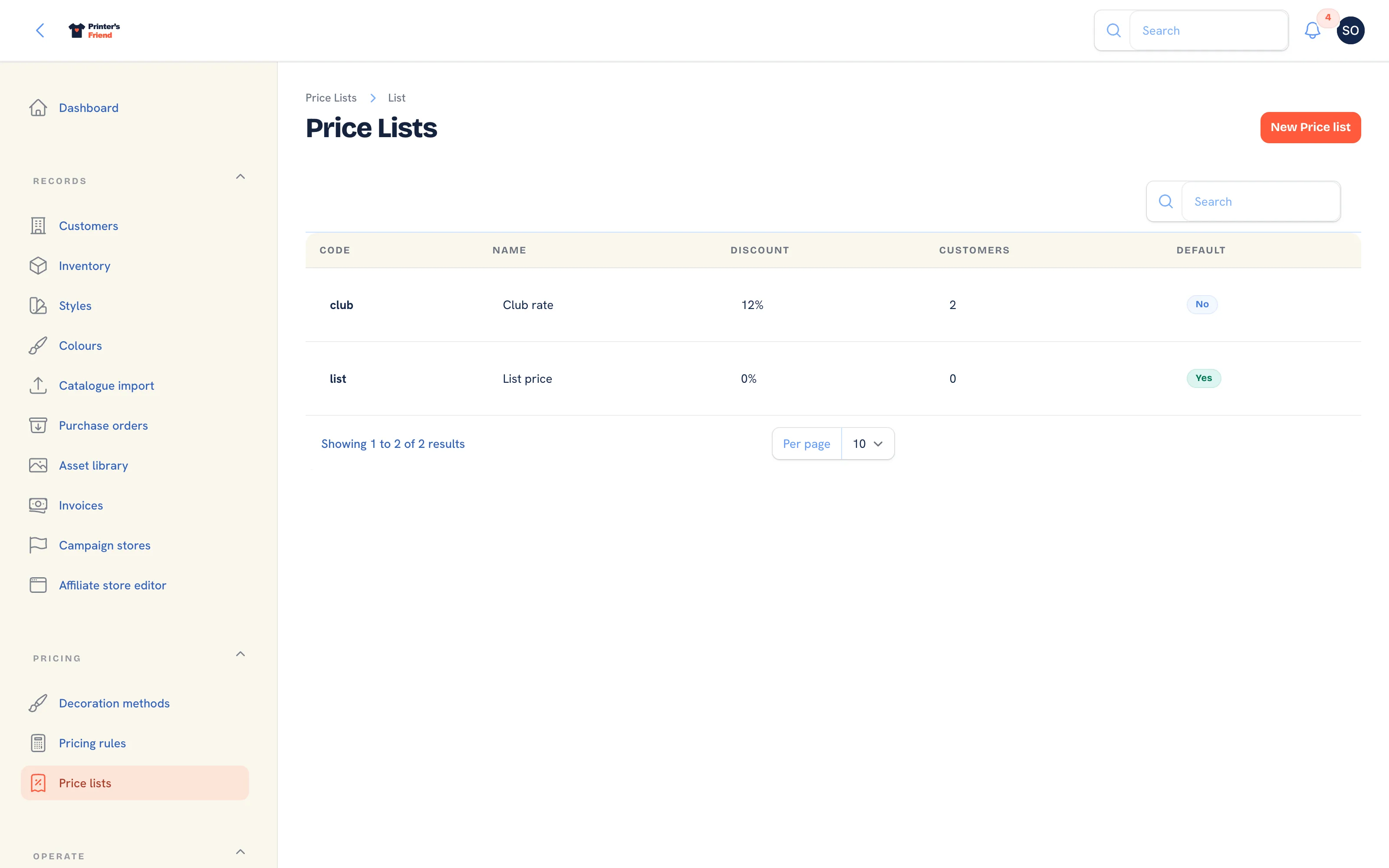 The price lists with code, name, discount, customer count and default badge
