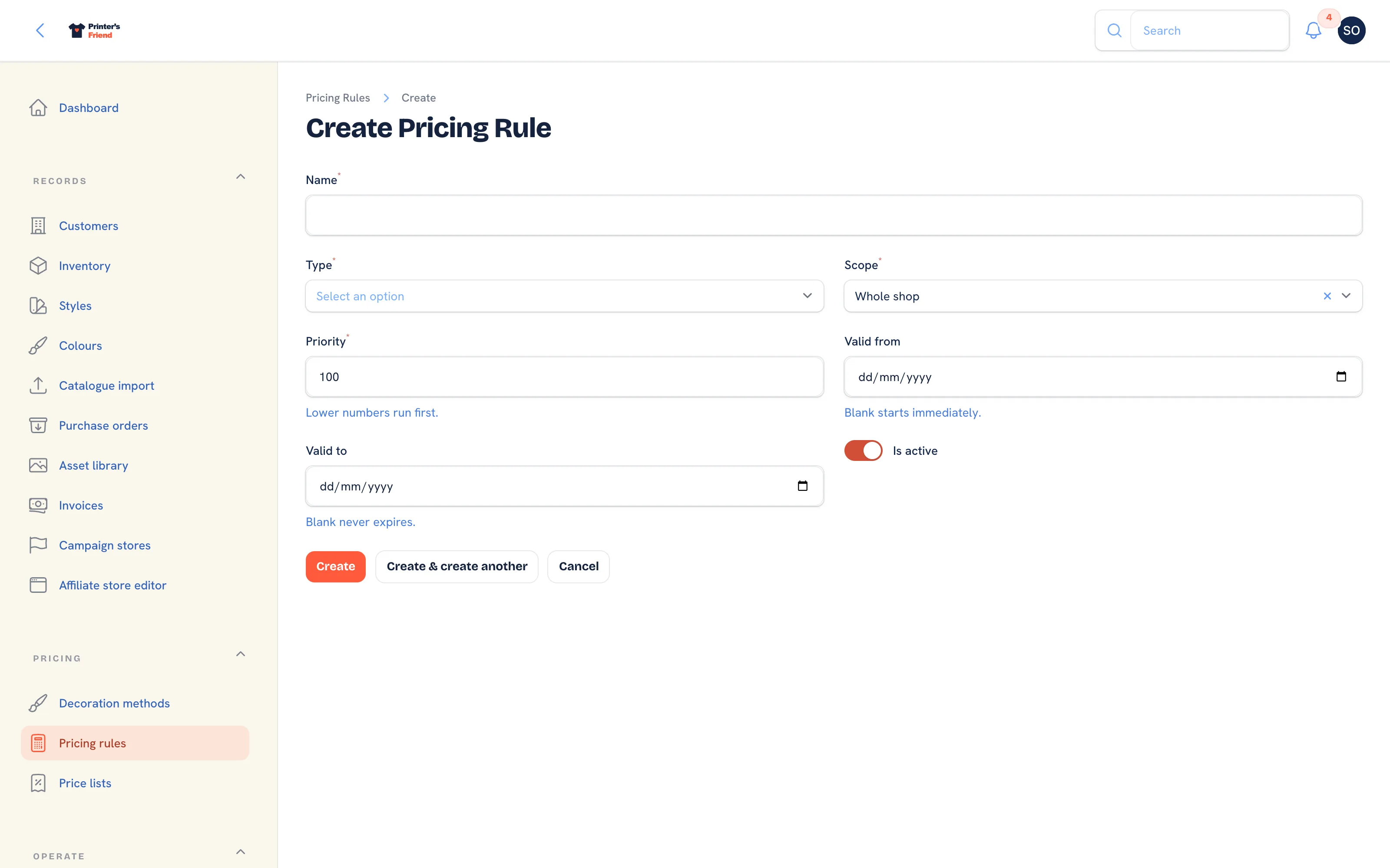 Adding a pricing rule with the type, scope and parameters