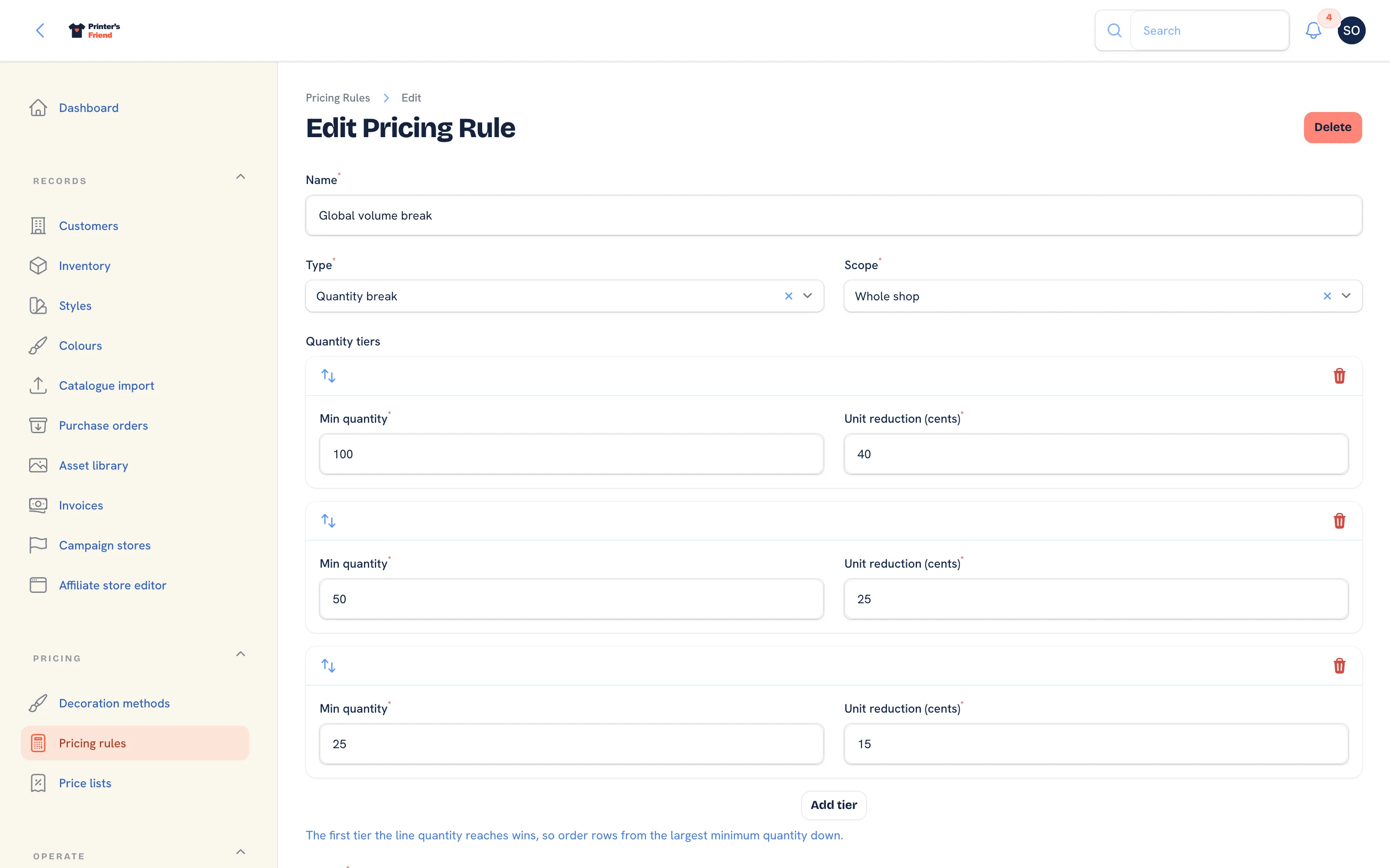 Editing a pricing rule