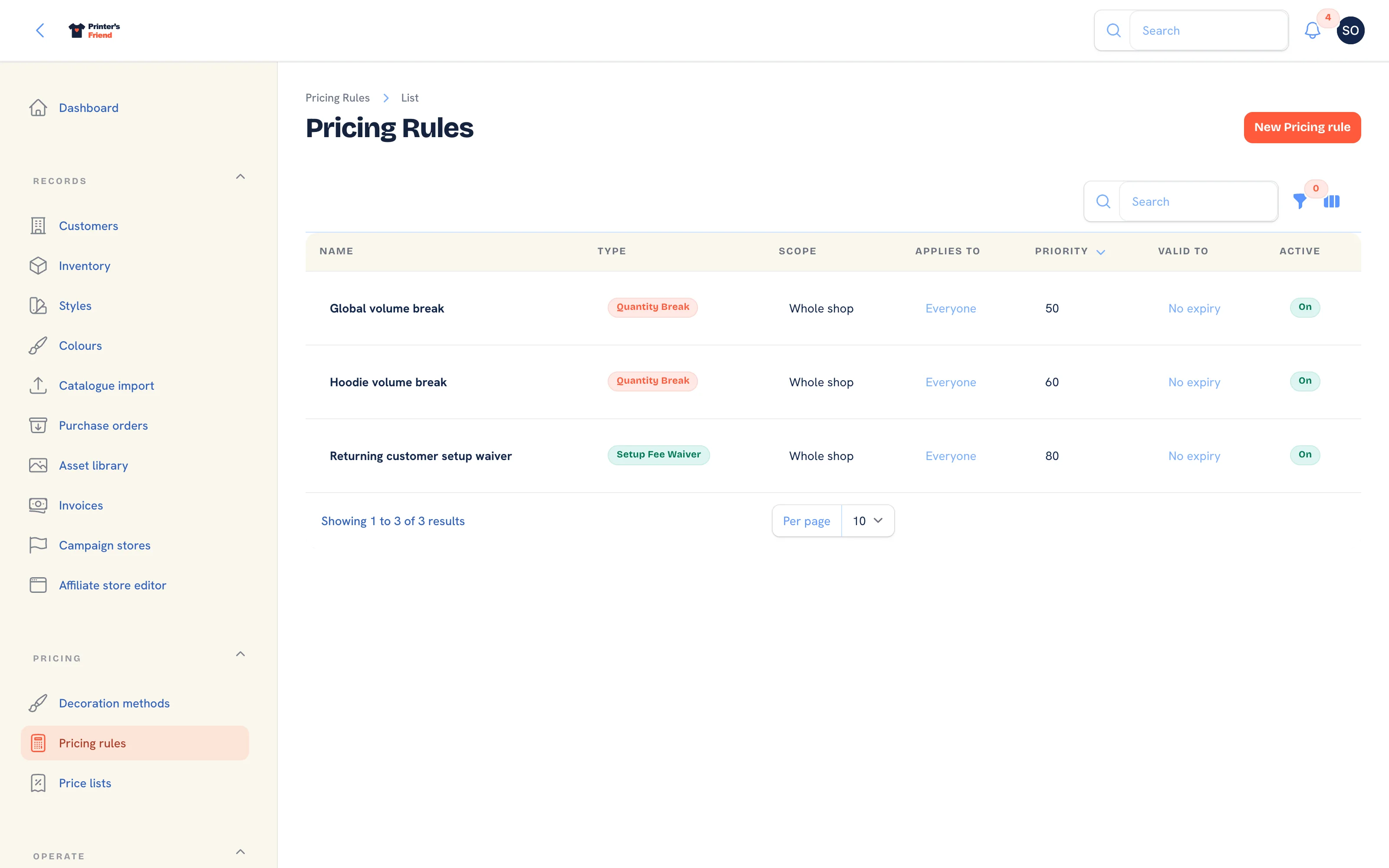 Pricing rules in priority order with type, scope, target and active badges