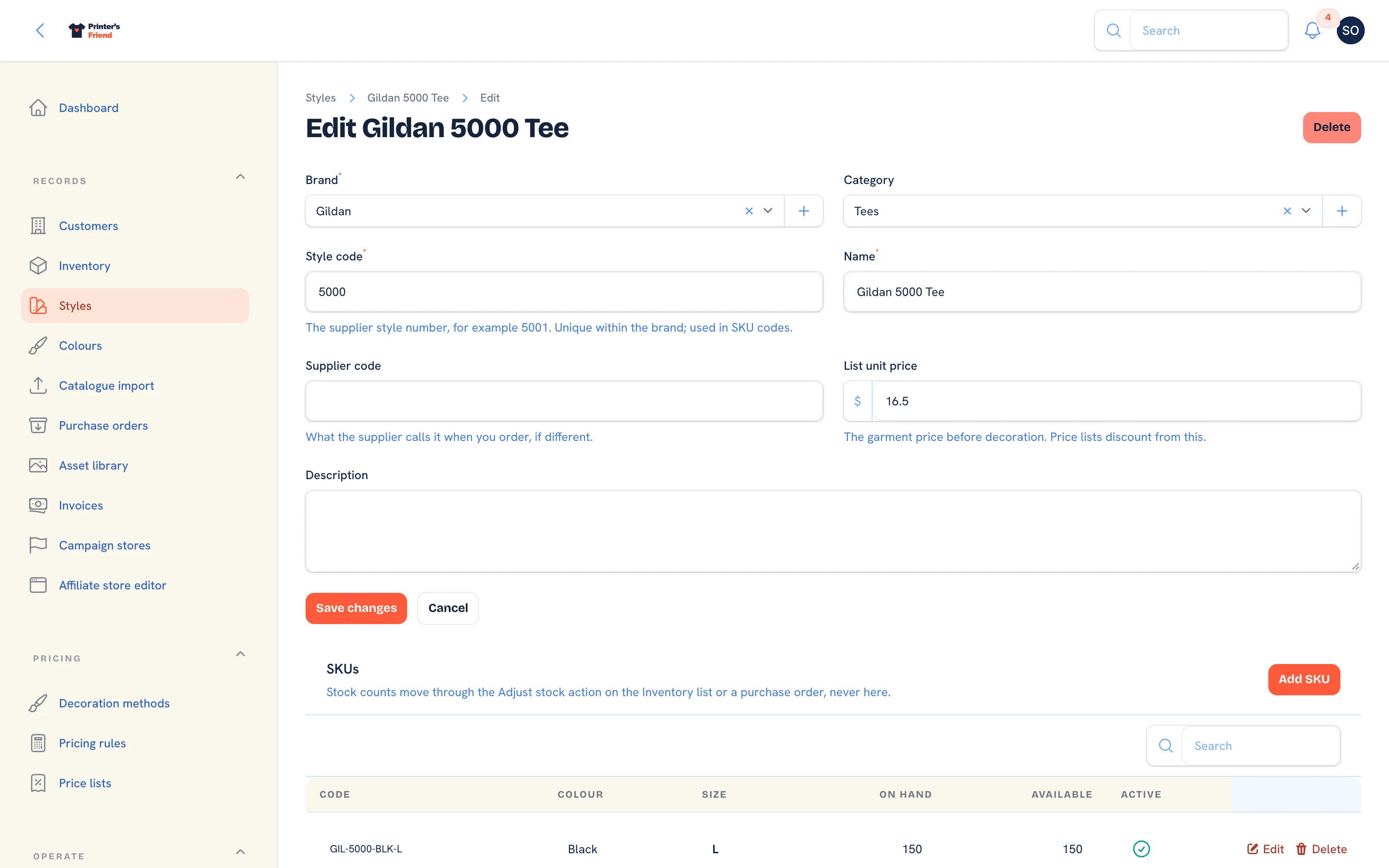 Editing a style with its SKUs and product photos
