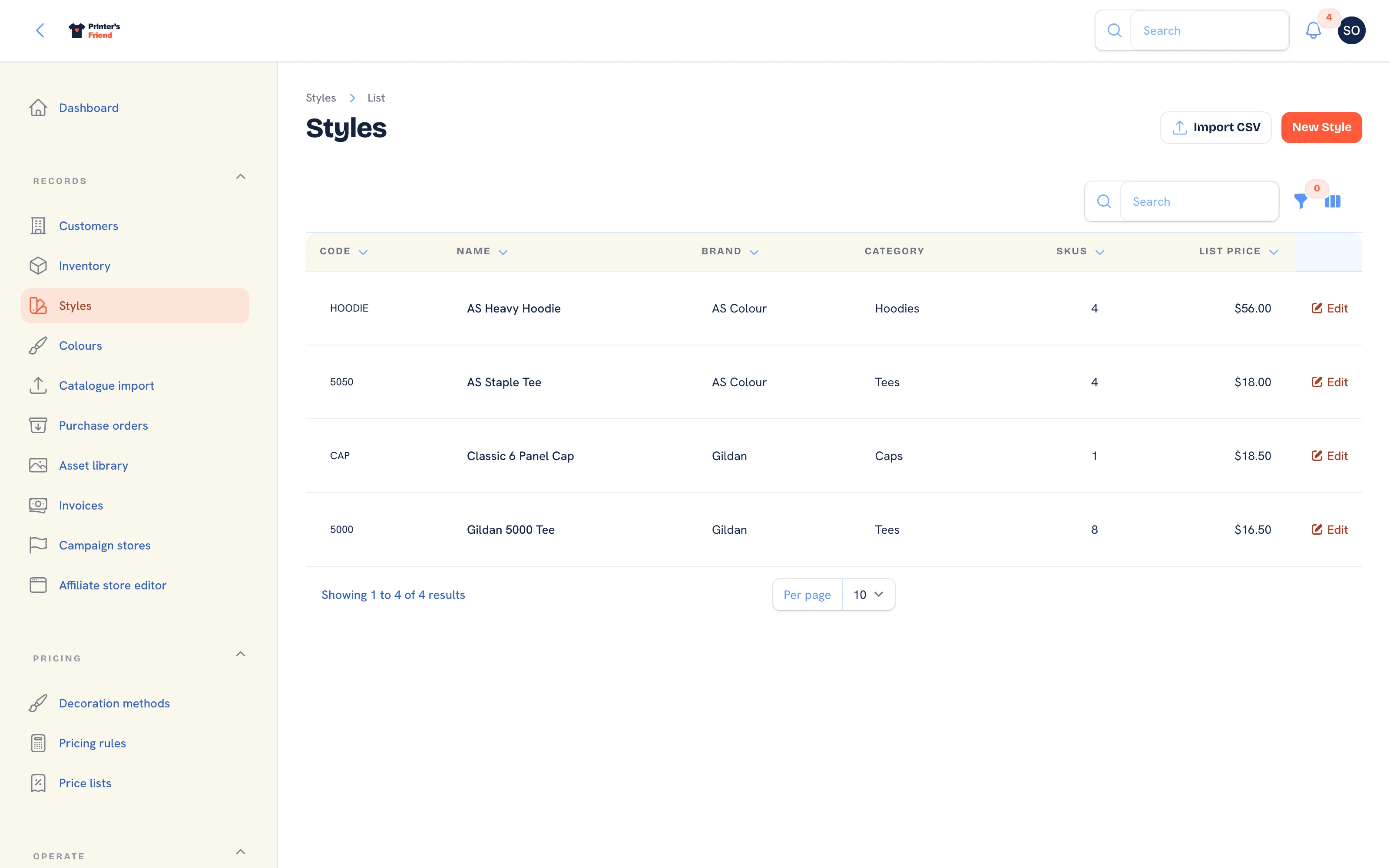 The styles list with code, name, brand, category, SKU count and list price