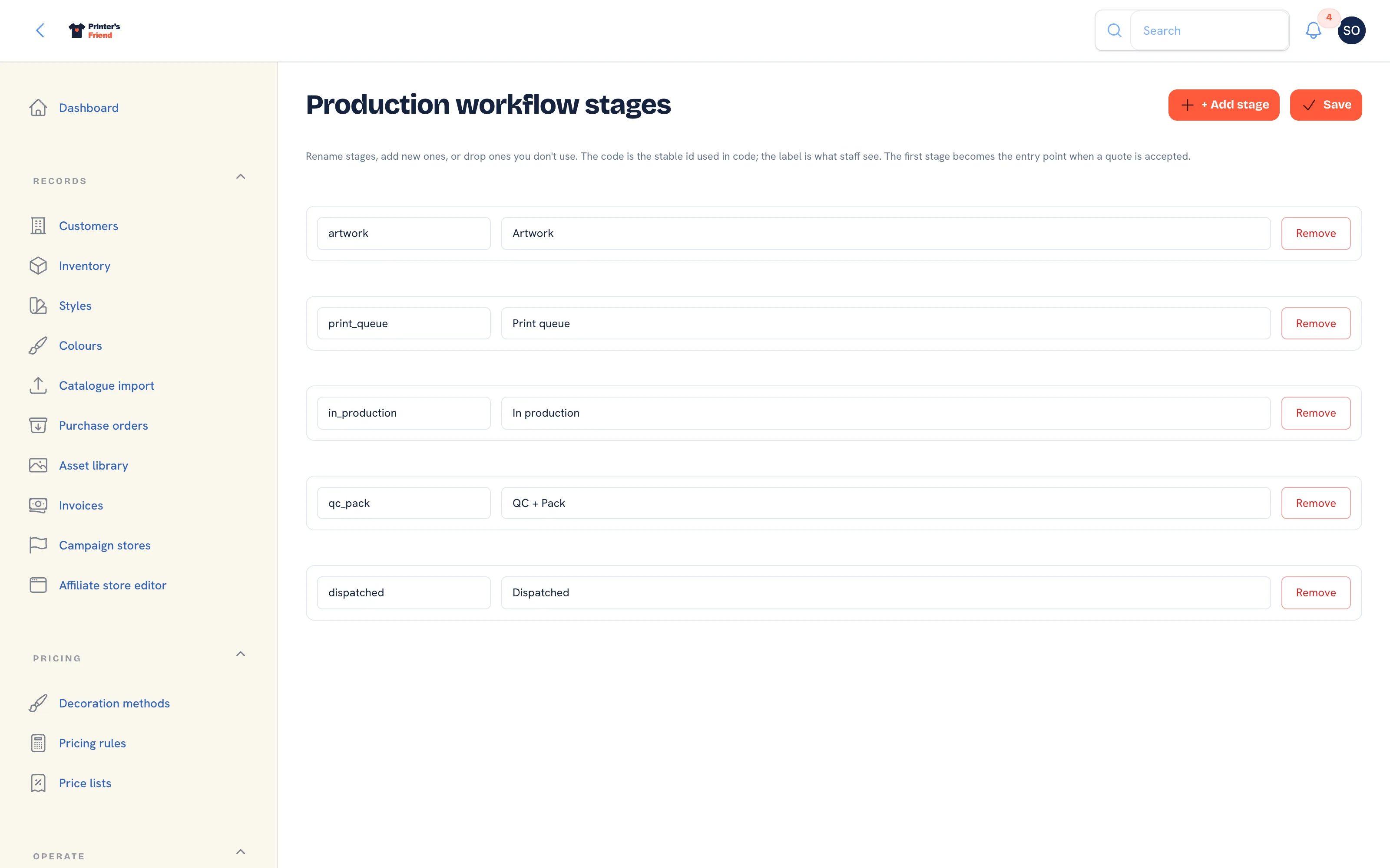 Workflow settings: production stages