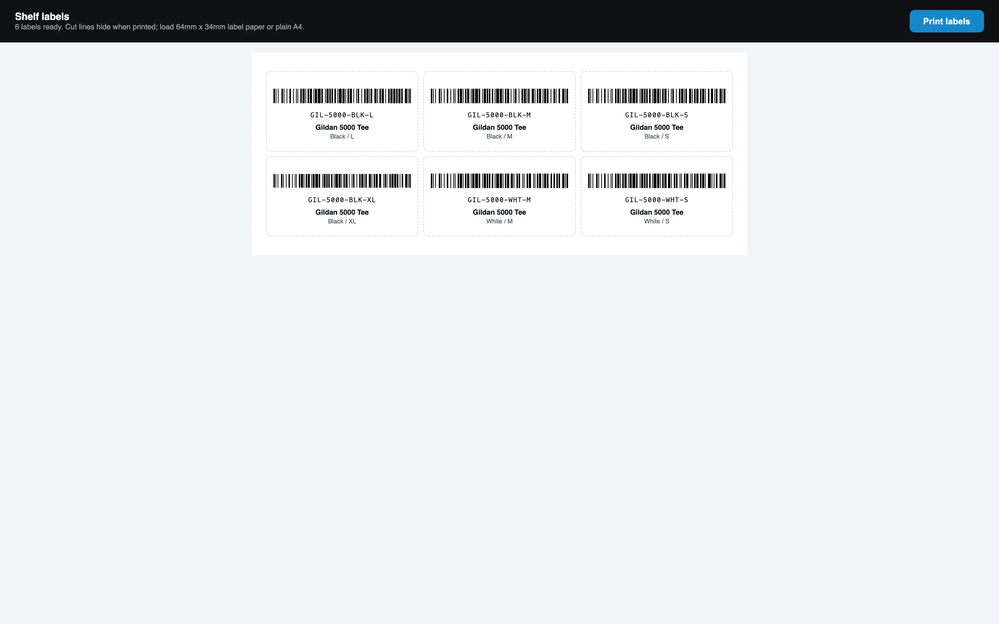 A sheet of printable SKU barcode labels